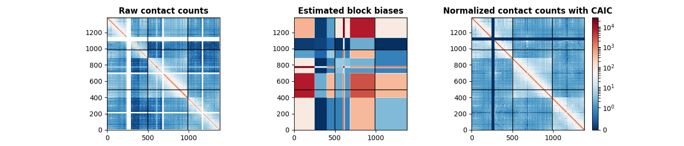 Raw contact counts, Estimated block biases, Normalized contact counts with CAIC